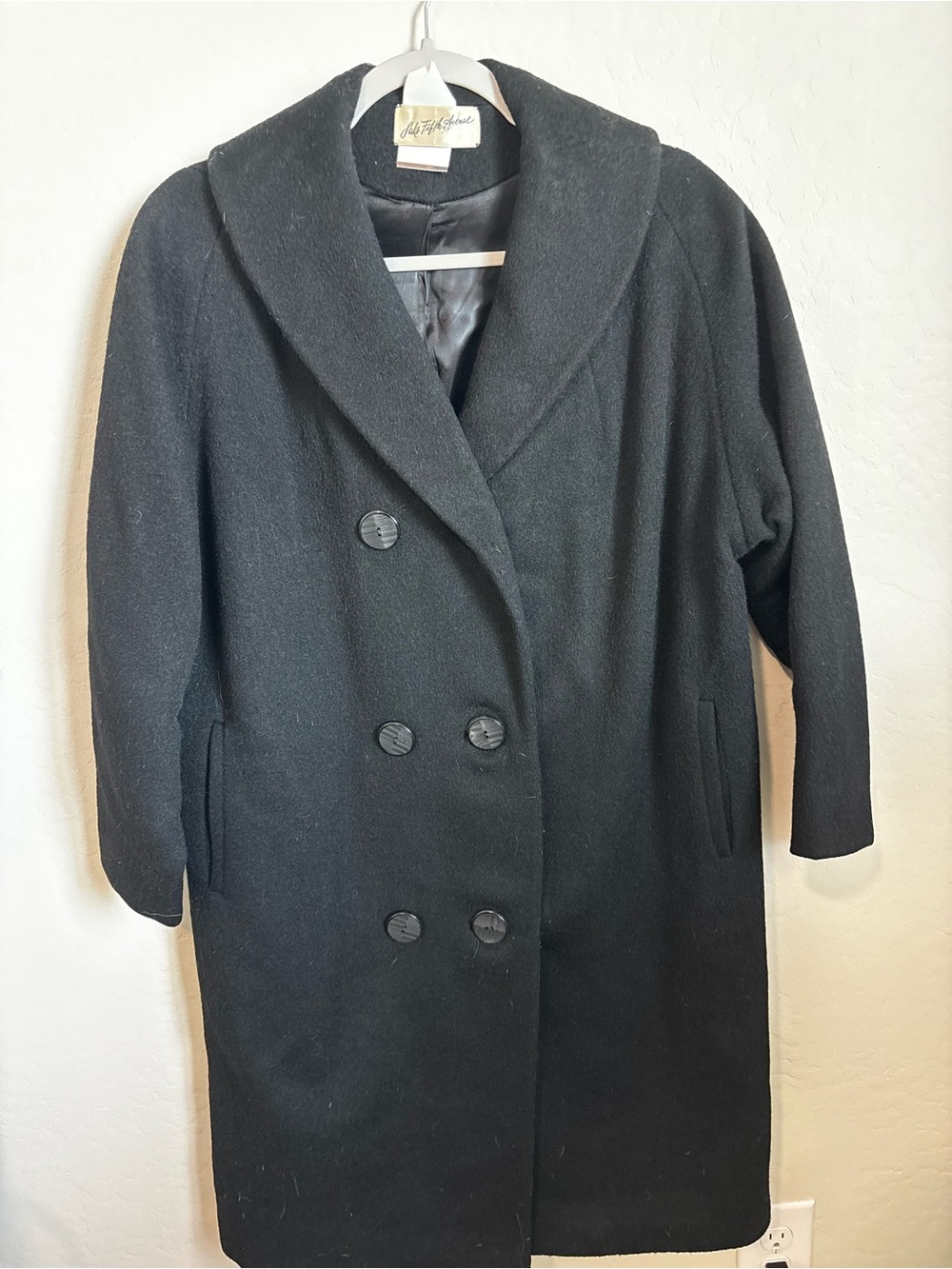 Black‎ Wool Coat Vintage Saks Fifth Avenue Double Breasted Shawl Collar Winter